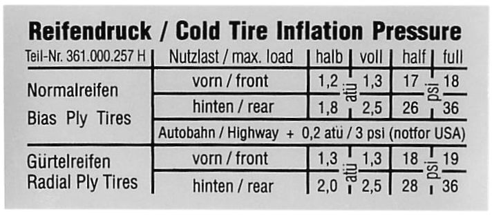 Aufkleber Reifendruck für VW Typ 3 ab 1966